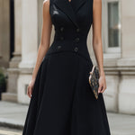 Tailored Sleeveless Double-Breasted Vest Midi Dress