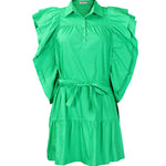 A-Line High Waisted Buttoned Pleated Ruffled Solid Color Tied Waist Lapel Mini Dresses