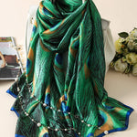 Vintage Peacock Printed Silk Imitation Shawl&Scarf