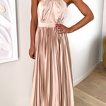 Beaming Smile Satin Halter Neck Pleated Midi Dress