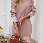 Long Sleeves Loose Contrast Color Split-Joint Mock Neck Mini Dresses Sweater Dresses