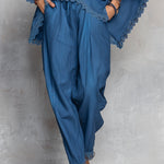 Off-shoulder Tencel Denim Batwing Sleeve Top & Tapered Trousers Set With Lace Trim