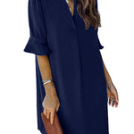 A-Line Flared Sleeves Pleated Ruffled Solid Color Split-Joint V-Neck Mini Dresses