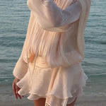 Ninah Glitter Fabric Pleated Balloon Sleeve Tiered Ruffle Hem Mini Dress