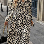 Elasticated Waist High Waisted Contrast Color Leopard Pleated Split-Joint V-Neck Maxi Dresses