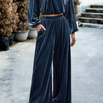 Velvet Long Sleeved Top and Wide Leg Pants Two Piece Set