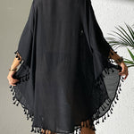 Batwing Sleeves Loose Hollow Solid Color Sun Protection Tasseled Round-Neck Cover-Ups Tops Midi Dresses