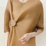 Stylish Irregularity Loose Pleated Solid Color Round-Neck Midi Dresses