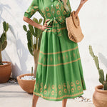 A-Line Half Sleeves Buttoned Tied Waist Lapel Midi Dresses
