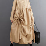 A-Line Long Sleeves Buttoned Pleated Pockets Solid Color Tied Lapel Midi Dresses Shirt Dress