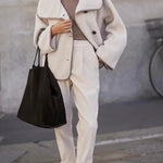 Romane Faux Fleece Fabric Contrast Trim Long Sleeve Knitted Pocket Lapel Loose Jacket
