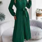 High Waisted Long Sleeves Belted Buttoned Pleated Solid Color V-Neck Maxi Dresses