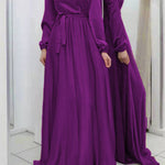 Long Sleeves Loose Pleated Solid Color Tied Waist Maxi Dresses