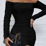 Bodycon Long Sleeves Elasticity Pleated Solid Color Off-The-Shoulder Mini Dresses