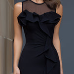Sheer Neckline Ruffle-Trim Sculpted Midi Dress
