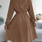 A-line Long Sleeves Buttoned Pleated Solid Color Tied Lapel Midi Dresses Shirt Dress