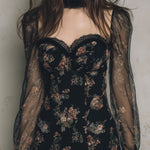 Elegant Printed Mesh Panel Mini Dress With Lace Trim