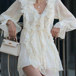 A-Line High Waisted Ruffle Trim Solid Color Tied V-Neck Mini Dresses