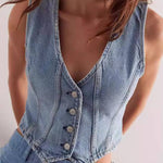 Vintage Distressed Waist-Cinched Sleeveless Denim Vest