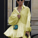 Puff Sleeves Buttoned Solid Color Split-Joint Lapel Mini Dresses Shirt Dress