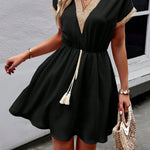 A-Line Elasticated Waist Contrast Color Drawstring Hollow Split-Joint Tasseled Tied V-Neck Mini Dresses