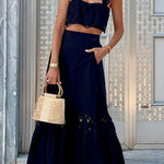 Summer City Hollow Lace Crop Tank and Elastic Waist Pocketed A-line Maxi Skirt Set
