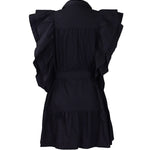 A-Line High Waisted Buttoned Pleated Ruffled Solid Color Tied Waist Lapel Mini Dresses