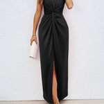 Loose Sleeveless Pleated Split-Front Split-Joint V-Neck Maxi Dresses