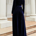 Long Sleeves Wrap Belted Pleated Solid Color Zipper Round-Neck Maxi Dresses