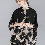Original Crane Printed Buttoned Stand Collar Half Sleeves Blouse