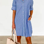 Down Short Sleeves Striped Shirt Dress