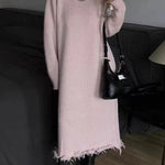 High Waisted Long Sleeves Fringed Solid Color Round-Neck Midi Dresses Sweater Dresses