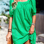 Loose Puff Sleeves Jacquard Solid Color Square-Neck Mini Dresses