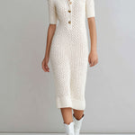Quiet Luxury Cream Textured Knit Polo Midi Dress