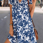 A-Line Ruffle Sleeves Printed Split-Joint Tied V-Neck Mini Dresses