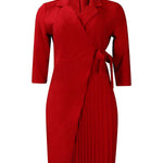 Three-Quarter Sleeves Pleated Solid Color Split-Front Tied Waist V-Neck Mini Dresses