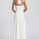 Back Stretch Equipment Bodycon Buckle Pleated Solid Color Split-Joint Split-Side Halter-Neck Maxi Dresses