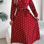 A-Line High Waisted Elasticity Pleated Polka-Dot Split-Joint Tied Waist V-Neck Midi Dresses Shirt Dress