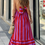 Casual Red Striped Loose Backless Long Dress