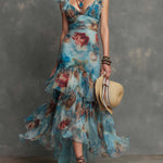 Boho-Vintage Elegant Floral Chiffon Ruffle Maxi Dress