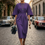 Batwing Sleeves Elasticated Waist Pleated Solid Color Split-Joint Round-Neck Midi Dresses