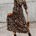 Vacation Loose Long Sleeves Split-Side Leopard V-Neck Midi Dresses