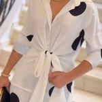 Fashion Lapel Long-sleeved Tie Waist Shirt and Casual Polka Dot Print Wide-leg Pants Set