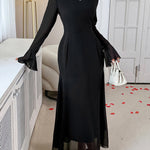 Elasticated Waist Flared Sleeves See-Through Solid Color Split-Joint Round-Neck Maxi Dresses