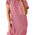 A-Line Loose Contrast Color Pockets Split-Joint Striped Round-Neck Mini Dresses
