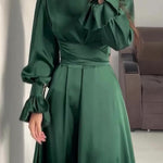 A-Line Long Sleeves Pleated Solid Color Tied Waist Zipper Mock Neck Maxi Dresses