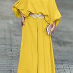 Skew Neck Lantern Sleeve Top & Wide Leg Pants Set
