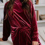 Red Solid Velvet Round Neck Top & Drawstring Pants Longe Set