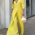 High Waisted Long Sleeves Buttoned Pockets Solid Color V-Neck Jumpsuits
