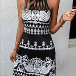 Loose Sleeveless Hollow Printed Split-Joint Halter-Neck Mini Dresses